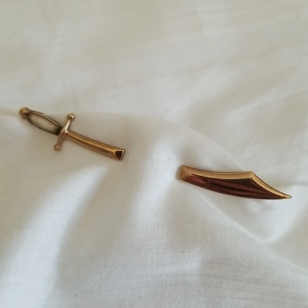 Vintage Swank Sword Tie Bar Clip Gold Mother of Pearl Handle